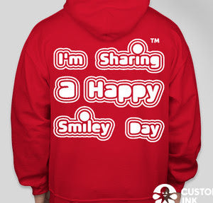 Gildan Midweight 50/50 pullover Red Sweat Hoodie with screen printed Big Logo & Happy Smiley Letters name on the front side of the hoodie and I’m Sharing a Happy Smiley Day on the back
