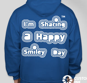 Gildan Midweight 50/50 Pullover Royal Blue Sweat Hoodie with screen printed Big Logo & Happy Smiley Letters name on the front side of the hoodie and I’m Sharing a Happy Smiley Day on the back