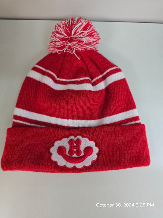 Red Holloway Beanie hat with Happy Smiley Letters logo
