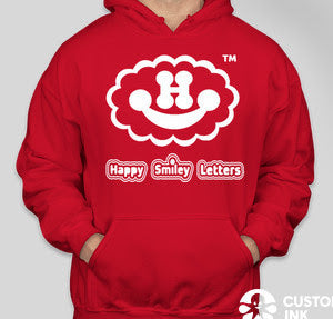 Gildan Midweight 50/50 Pullover Red Sweat Hoodie with screen printed Big Logo & Happy Smiley Letters name on the front of the hoodie