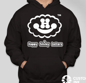 Gildan Midweight 50/50 Pullover Black Sweat Hoodie with screen printed Logo & Happy Smiley Letters name on the front side of the hoodie and I’m Sharing a Happy Smiley Day on the back